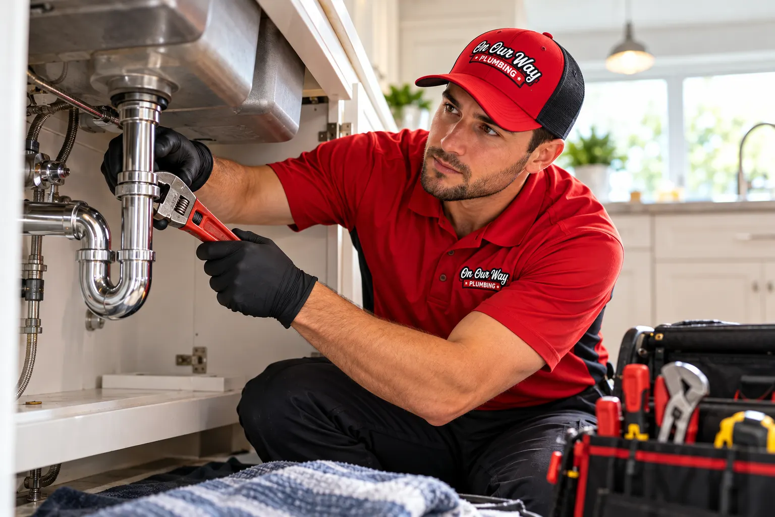 Plumber repairing a kitchen sink drain