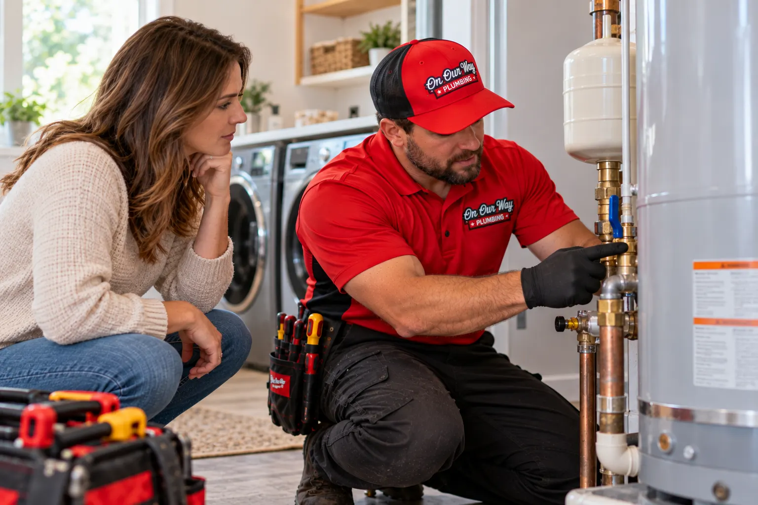 Plumber explaining a water heater repair to a Cleveland homeowner